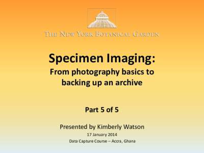 Specimen Imaging: From photography basics to backing up an archive Part 5 of 5 Presented by Kimberly Watson 17 January 2014