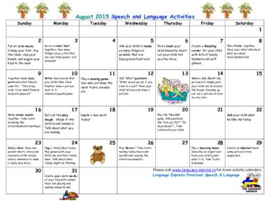 August 2015 Speech and Language Activities Sunday Monday  Tuesday