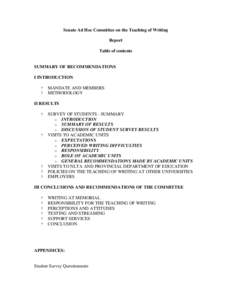 Senate Ad Hoc Committee on the Teaching of Writing Report Table of contents SUMMARY OF RECOMMENDATIONS I INTRODUCTION