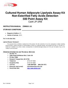 Cultured Human Adipocyte Lipolysis Assay Kit Non-Esterified Fatty Acids Detection 500 Point Assay Kit Cat# LIP-2RB INSTRUCTION MANUAL