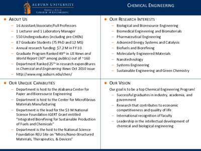CHEMICAL ENGINEERING ● ABOUT US 16 Assistant/Associate/Full Professors 1 Lecturer and 1 Laboratory Manager 550 Undergraduates (including pre-CHEN) 87 Graduate Students (75 PhD and 12 MS)