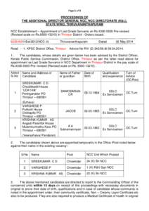 Page 1 of 3  PROCEEDINGS OF THE ADDITIONAL DIRECTOR GENERAL NCC, NCC DIRECTORATE (K&L), STATE WING, THIRUVANANTHAPURAM NCC Establishment – Appointment of Last Grade Servants on Rs[removed]Pre-revised
