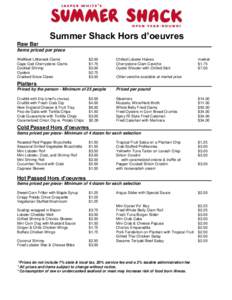 Summer Shack Hors d’oeuvres Raw Bar Items priced per piece Wellfleet Littleneck Clams Cape Cod Cherrystone Clams Cocktail Shrimp