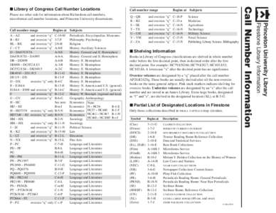 Please see other side for information about Richardson call numbers, microformat call number locations, and Princeton University dissertations. Begins at	 Subjects A – AZ	 and oversize “q” 	 C-10-M	 Periodicals. En