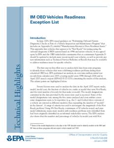 IM OBD Vehicles Readiness Exception List -- Technical Highlights  (EPA420-F[removed])