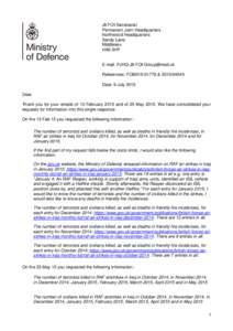 MOD FOI response: Number of terrorists and civilians killed, as well as deaths in friendly fire incidences, in RAF air strikes in Iraq for October 2014, November 2014, December 2014 and January 2015