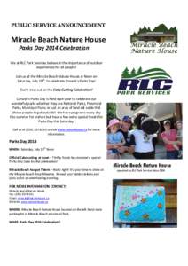 PUBLIC SERVICE ANNOUNCEMENT  Miracle Beach Nature House Parks Day 2014 Celebration n