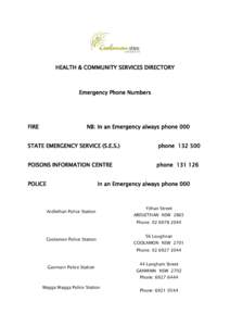 HEALTH & COMMUNITY SERVICES DIRECTORY  Emergency Phone Numbers FIRE