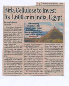 ..  CorporateBureau Mumbai.Mar 7 BirlaCellulose, the fibre divisionoftheAdityaBirla Group, is looking to investRs 800 c.rorein