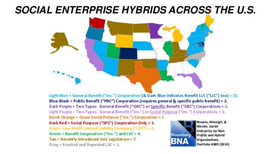 SOCIAL ENTERPRISE HYBRIDS ACROSS THE U.S.  Light Blue = General Benefit (“Inc.”) Corporation [& Dark Blue indicates Benefit LLC (“LLC”) too] = 21. Blue-Black = Public Benefit (“PBC”) Corporation (requires gen