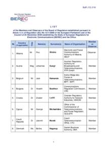 List of the Members and Observers of the Board of Regulators established pursuant to Articleof Regulation (EC) Noof the European Parliament and of the Council of 25 November 2009 establishing BEREC and 