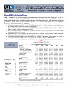 Insurance Analysis and Information Services Department[removed]Life and A&H, Fraternal and Health Insurance Industry Analysis Report Life and A&H Industry at a Glance Table 1 illustrates the life insurance industry’s agg