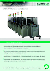 sciFLEXARRAYER Ultra-Low Volume Dispensers  The sciFLEXARRAYER S100 sciFLEXARRAYER S100 is a high throughput continuous inline production engine, engineered as a fully automated, walk-away system
