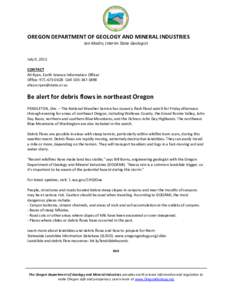 DOGAMI news release: Be alert for debris flows in northeast Oregon