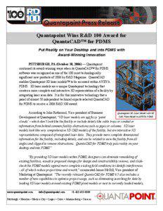 Quantapoint Wins R&D 100 Award for QuantaCAD™ for PDMS Put Reality on Your Desktop and into PDMS with