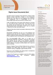 MEDIA RELEASE 9 April 2015 www.antipaminerals.com.au Rights Issue Documents Sent