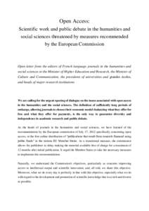 Open Access: Scientific work and public debate in the humanities and social sciences threatened by measures recommended by the European Commission  Open letter from the editors of French language journals in the humaniti