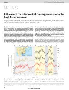 Vol 445 | 4 January 2007 | doi:nature05431  LETTERS Influence of the intertropical convergence zone on the East Asian monsoon Gergana Yancheva1, Norbert R. Nowaczyk1, Jens Mingram1, Peter Dulski1, Georg Schettler