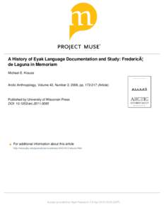 A History of Eyak Language Documentation and Study: FredericÃ¦ de Laguna in Memoriam Michael E. Krauss