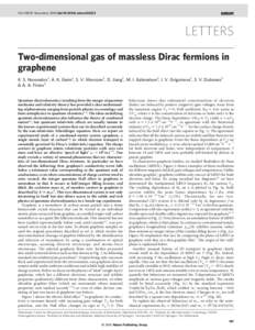 Vol 438|10 November 2005|doi:nature04233  LETTERS Two-dimensional gas of massless Dirac fermions in graphene K. S. Novoselov1, A. K. Geim1, S. V. Morozov2, D. Jiang1, M. I. Katsnelson3, I. V. Grigorieva1, S. V. D