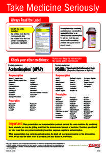Take Medicine Seriously Always Read the Label Prescription drugs containing acetaminophen are sometimes labeled APAP. APAP is an abbreviation for acetaminophen.