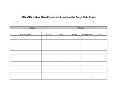LSBN APRN Student Clinical Experience Spreadsheet for Out-of-State Schools School: Semester:  Year: