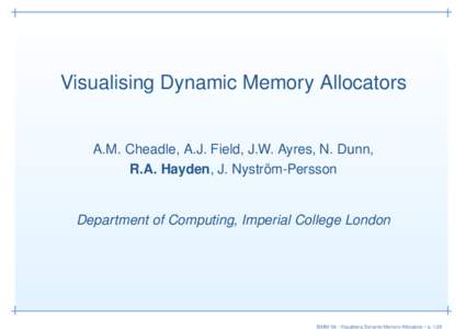 Visualising Dynamic Memory Allocators  A.M. Cheadle, A.J. Field, J.W. Ayres, N. Dunn, R.A. Hayden, J. Nyström-Persson  Department of Computing, Imperial College London