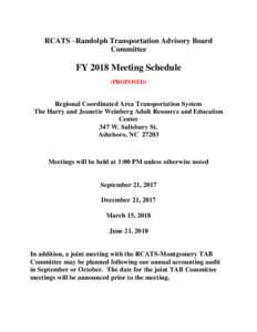 RCATS –Randolph Transportation Advisory Board Committee FY 2018 Meeting Schedule (PROPOSED)