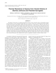 2362 Journal of Food Protection, Vol. 68, No. 11, 2005, Pages 2362–2366 Copyright Q, International Association for Food Protection Thermal Resistance of Spores from Virulent Strains of Bacillus anthracis and Potential 