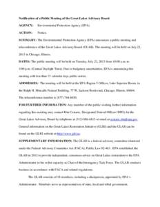 Notification of a Public Meeting of the Great Lakes Advisory Board AGENCY: Environmental Protection Agency (EPA).  ACTION: