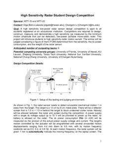 High Sensitivity Radar Student Design Competition Sponsor: MTT-10 and MTT-20 Contact: Olga Boric-Lubecke [], Changzhi Li [] Goal: A high sensitivity low-power radar sensor design compe