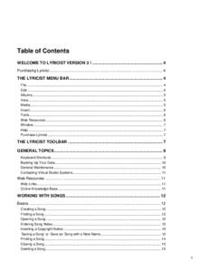 Table of Contents WELCOME TO LYRICIST VERSION 3 ! ............................................................. 4 Purchasing Lyricist.......................................................................................