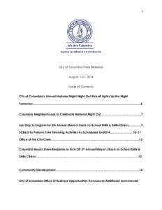 1  City of Columbia Press Releases August 1-31, 2014 Table of Contents City of Columbia’s Annual National Night Night Out Kickoff Lights Up the Night
