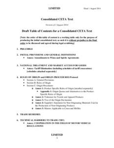 LIMITED  Final 1 August 2014 Consolidated CETA Text Version of 1 August 2014