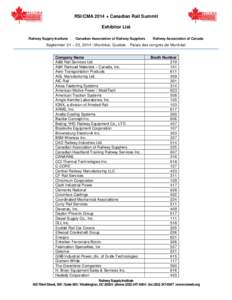 RSI/CMA 2014 + Canadian Rail Summit Exhibitor List Railway Supply Institute Canadian Association of Railway Suppliers