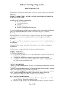 Selly Park Technology College for Girls EMPLOYMENT POLICY THIS DOCUMENT FOLLOWS THE MODEL POLICY SUPPLIED BY THE LOCAL EDUCATION AUTHORITY