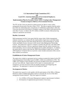 U.S. International Trade Commission (ITC) and Local 2211, American Federation of Government Employees, AFL-CIO (Union) Implementation Plan for Executive Order 13522: Creating Labor Management Forums to Improve Delivery o