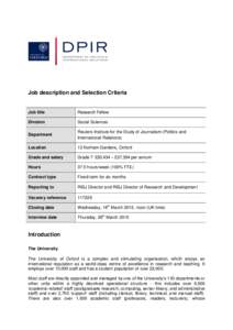 Job description and Selection Criteria  Job title Research Fellow
