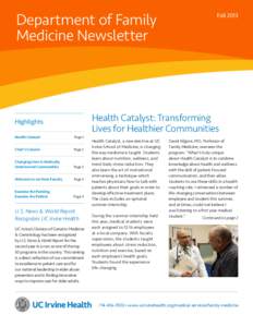 Department of Family Medicine Newsletter FallHealth Catalyst: Transforming