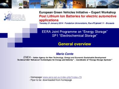 European Green Vehicles Initiative – Expert Workshop  Post Lithium Ion Batteries for electric automotive applications Tuesday 21 JanuaryFondation Universitaire, Rue d’Egmont 11 - Brussels