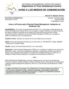 Aviso a la Prensa sobre Chemical Waste Management, Instalacion en Kettleman City