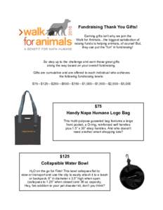 Fundraising Thank You Gifts! Earning gifts isn’t why we join the Walk for Animals…the biggest satisfaction of raising funds is helping animals, of course! But, they can put the “fun” in fundraising!