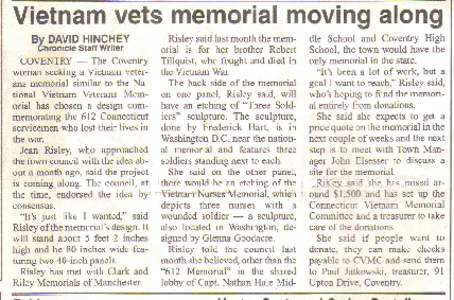Vietnam vets memorial moving along By DAVID HINCHEY COVENTRY- Risley said last month the mem-