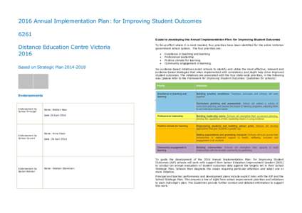2016 Annual Implementation Plan: for Improving Student Outcomes 6261 Guide to developing the Annual Implementation Plan: for Improving Student Outcomes Distance Education Centre Victoria 2016