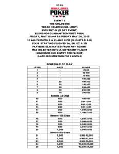2015  EVENT 5 THE COLOSSUS TEXAS HOLD’EM (NO- LIMIT) $565 BUY-IN (5 DAY EVENT)