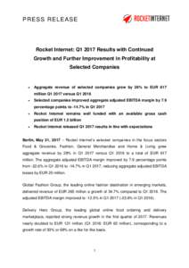 PRESS RELEASE  Rocket Internet: Q1 2017 Results with Continued Growth and Further Improvement in Profitability at Selected Companies