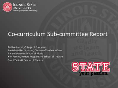 Co-curriculum Sub-committee Report Debbie Layzell, College of Education Danielle Miller-Schuster, Division of Student Affairs Carlyn Morenus, School of Music Kim Pereira, Honors Program and School of Theatre Sandi Zielin