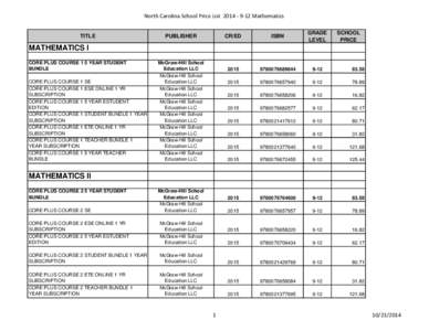 North Carolina School Price List[removed]Mathematics TITLE PUBLISHER  CR/ED
