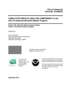 City of Lakewood Grant No. G1000045 CUMULATIVE IMPACTS ANALYSIS COMPONENT for the City of Lakewood Shoreline Master Program Project Title: Shoreline Master Program Update