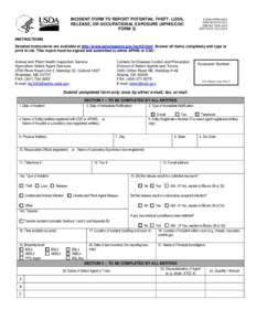 Incident Form to Report Potential Theft, Loss, Release, or Occupational Exposure (APHIS/CDC Form 3)